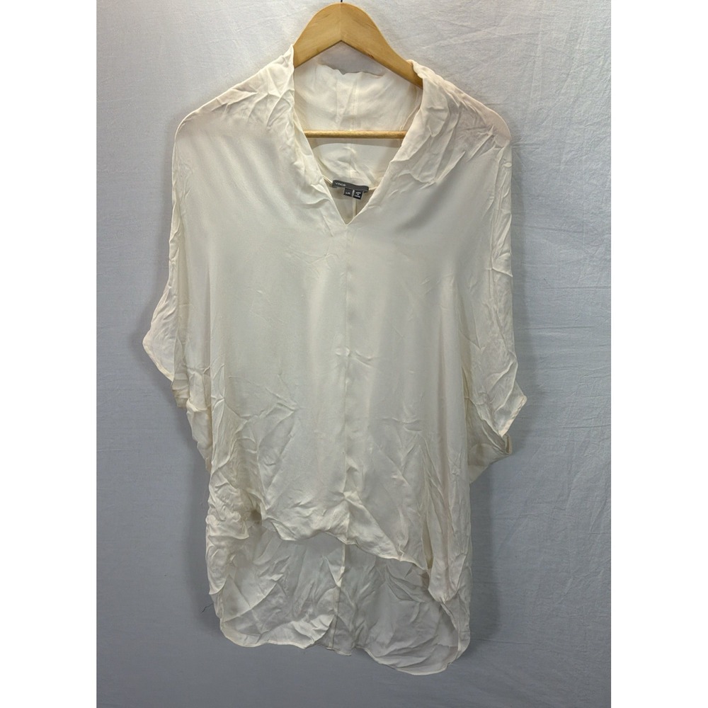 Vince Ivory High Low 100% Silk Blouse V Neck Sleeveless Sz L Luxury Office